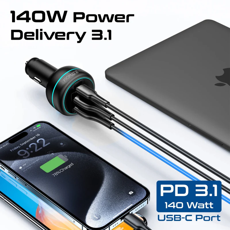 PROMATE PowerDrive-230 230W Car Charger with 140W PD 3.1 USB-C