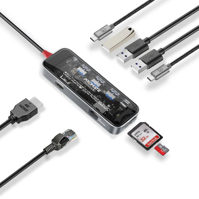 PROMATE TransHub-Go 9-in-1 Transparent USB-C Hub with 100W PD Passthrough Port