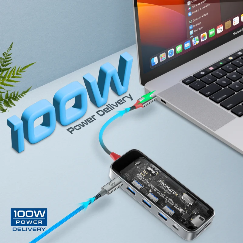 PROMATE TransHub-Go 9-in-1 Transparent USB-C Hub with 100W PD Passthrough Port