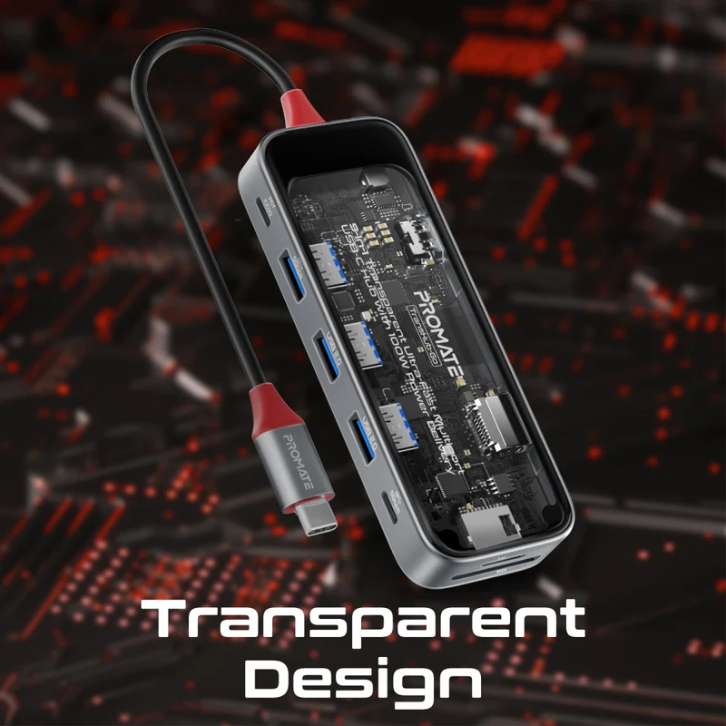 PROMATE TransHub-Go 9-in-1 Transparent USB-C Hub with 100W PD Passthrough Port