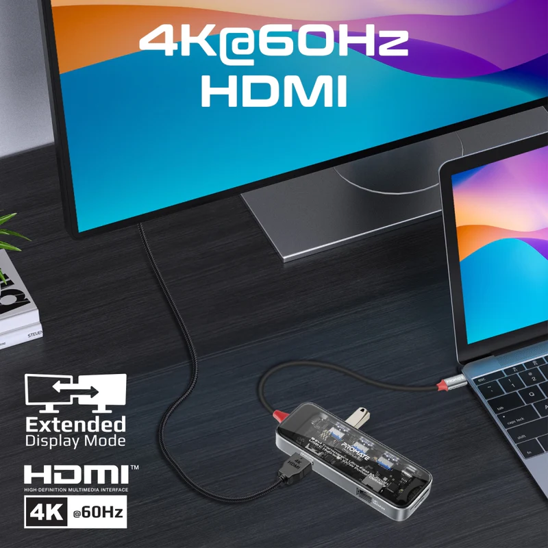 PROMATE TransHub-Go 9-in-1 Transparent USB-C Hub with 100W PD Passthrough Port