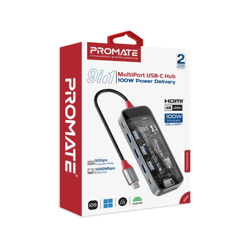 PROMATE TransHub-Go 9-in-1 Transparent USB-C Hub with 100W PD Passthrough Port