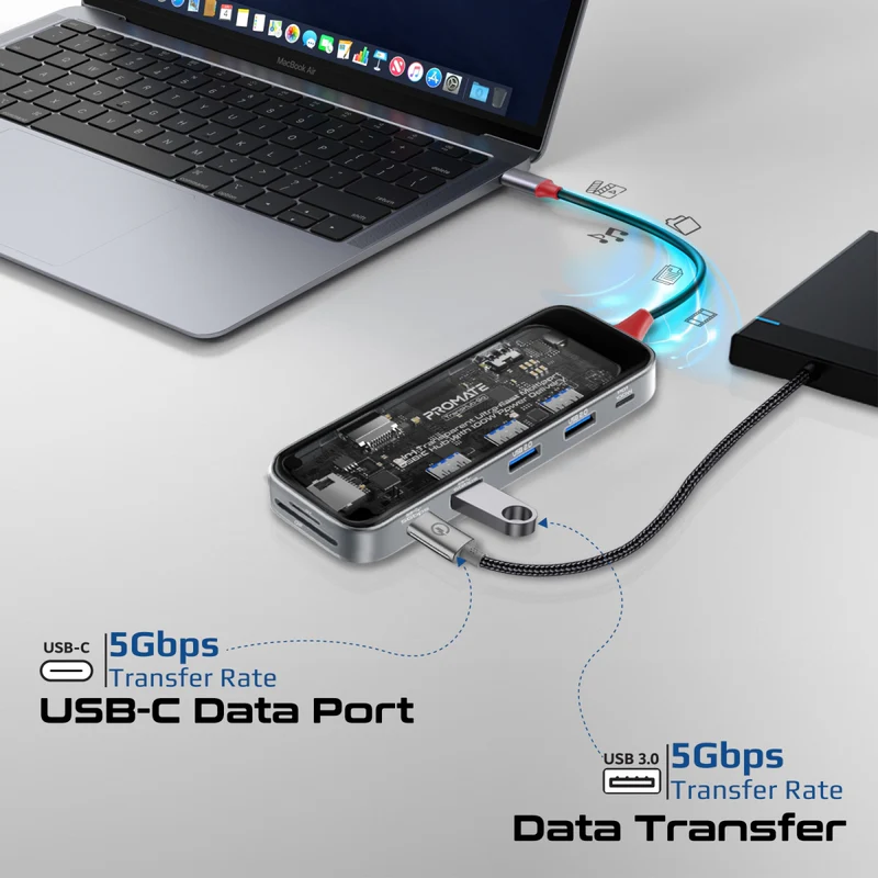PROMATE TransHub-Go 9-in-1 Transparent USB-C Hub with 100W PD Passthrough Port