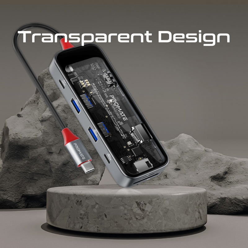 PROMATE TransHub-mini 8-in-1 Transparent USB-C Hub with 100W PD Passthrough Port