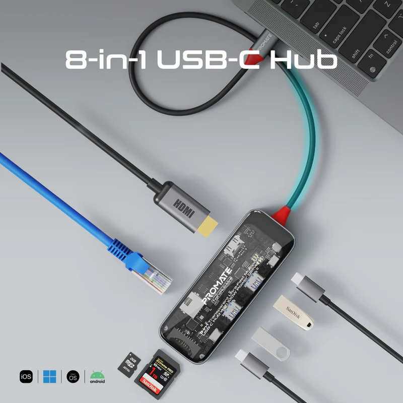 PROMATE TransHub-mini 8-in-1 Transparent USB-C Hub with 100W PD Passthrough Port