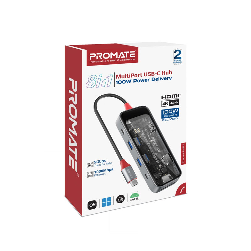 PROMATE TransHub-mini 8-in-1 Transparent USB-C Hub with 100W PD Passthrough Port