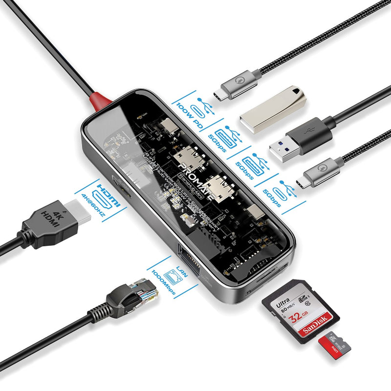 PROMATE TransHub-mini 8-in-1 Transparent USB-C Hub with 100W PD Passthrough Port