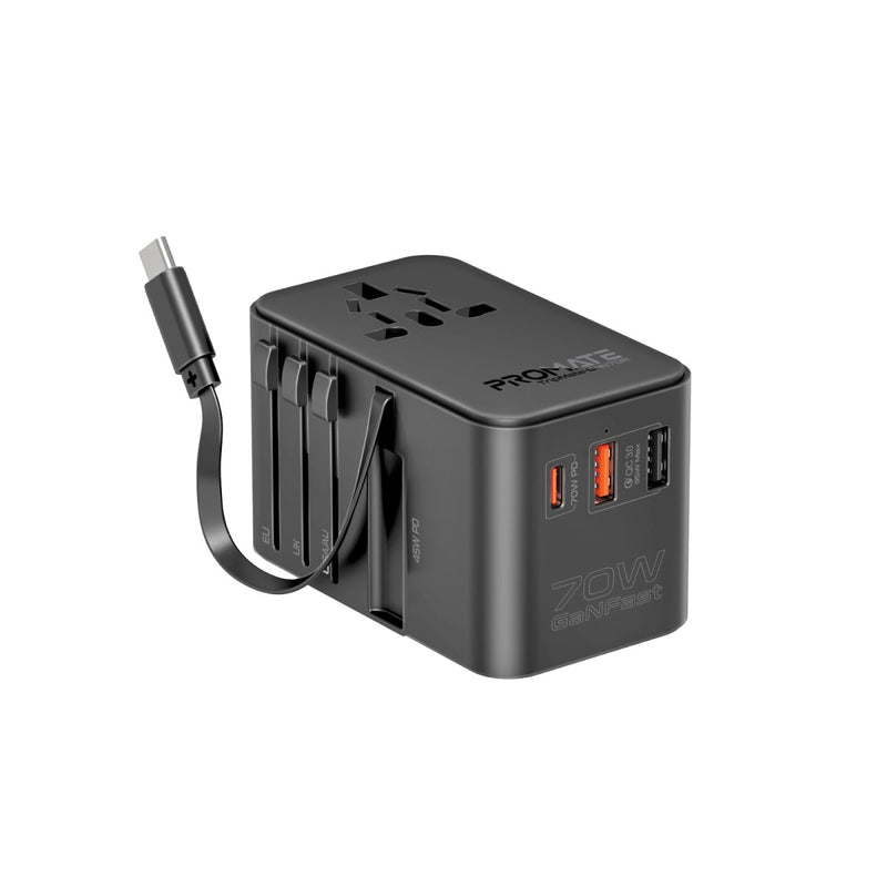PROMATE TripMate-GaN70R 70W GaN Travel Adapter w/ Retractable built-in USB-C