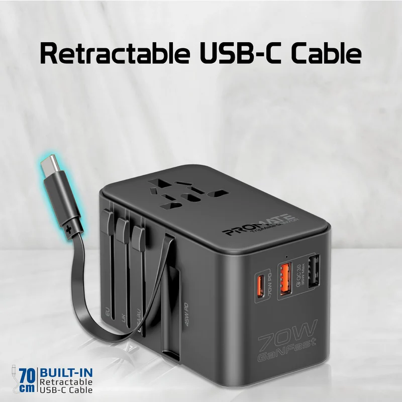 PROMATE TripMate-GaN70R 70W GaN Travel Adapter w/ Retractable built-in USB-C