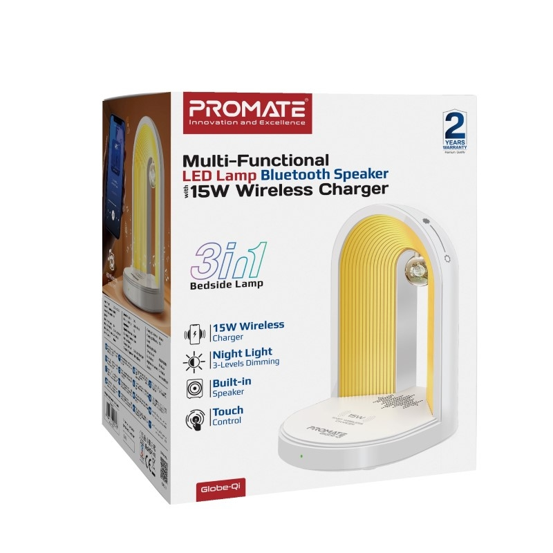 PROMATE Globe-Qi 3-in-1 Night Lamp Bluetooth Speaker with 15W Wireless Charger