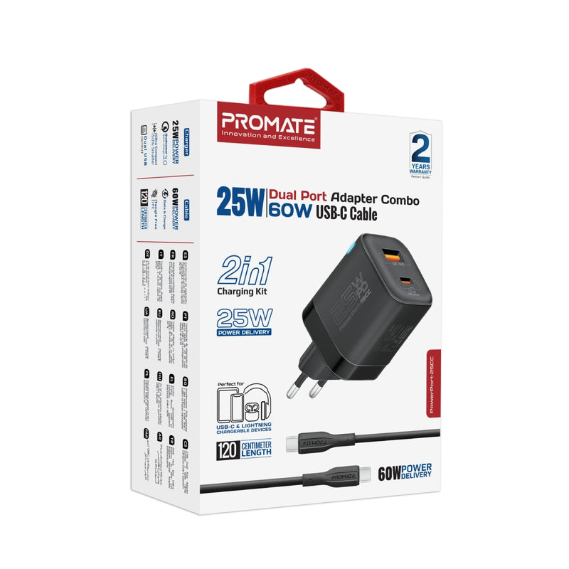 PowerPort25CC.Black.UK Charging Kit Containing a 25W Wall Charger with 25W PD
