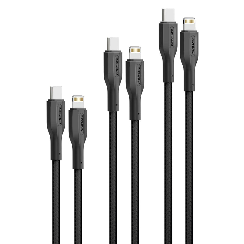 PROMATE CableKit-Ci 3pc 27W PD USB-C to Lightning Cables with 30cm, 120cm