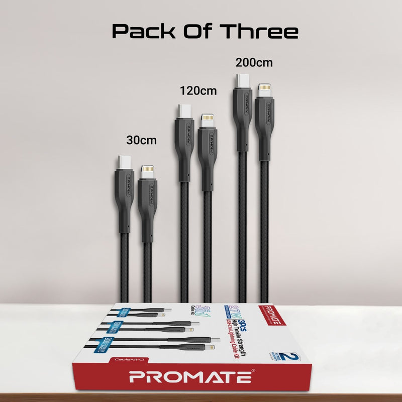 PROMATE CableKit-Ci 3pc 27W PD USB-C to Lightning Cables with 30cm, 120cm