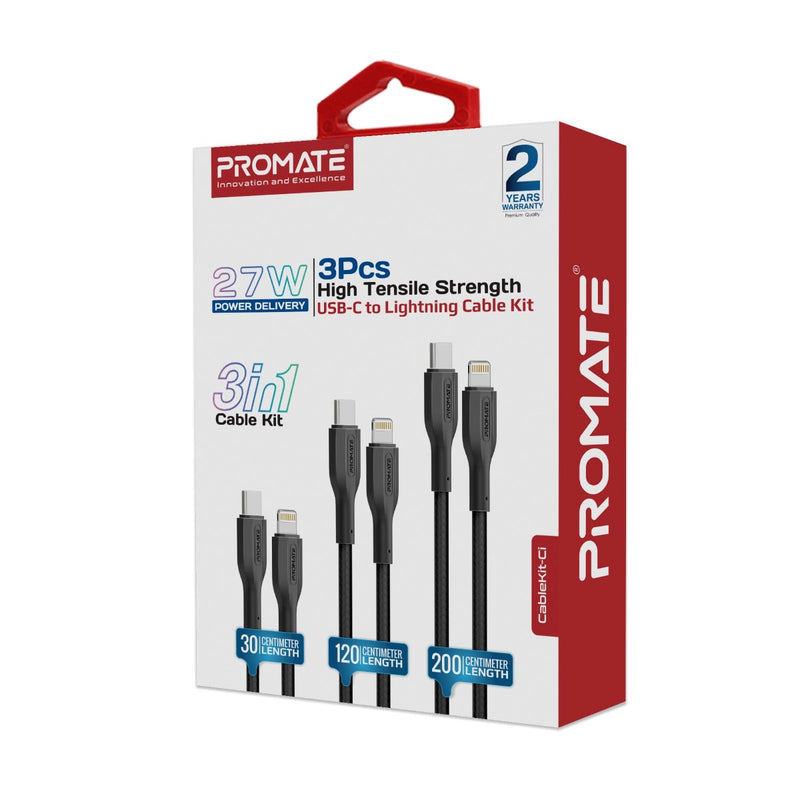 PROMATE CableKit-Ci 3pc 27W PD USB-C to Lightning Cables with 30cm, 120cm