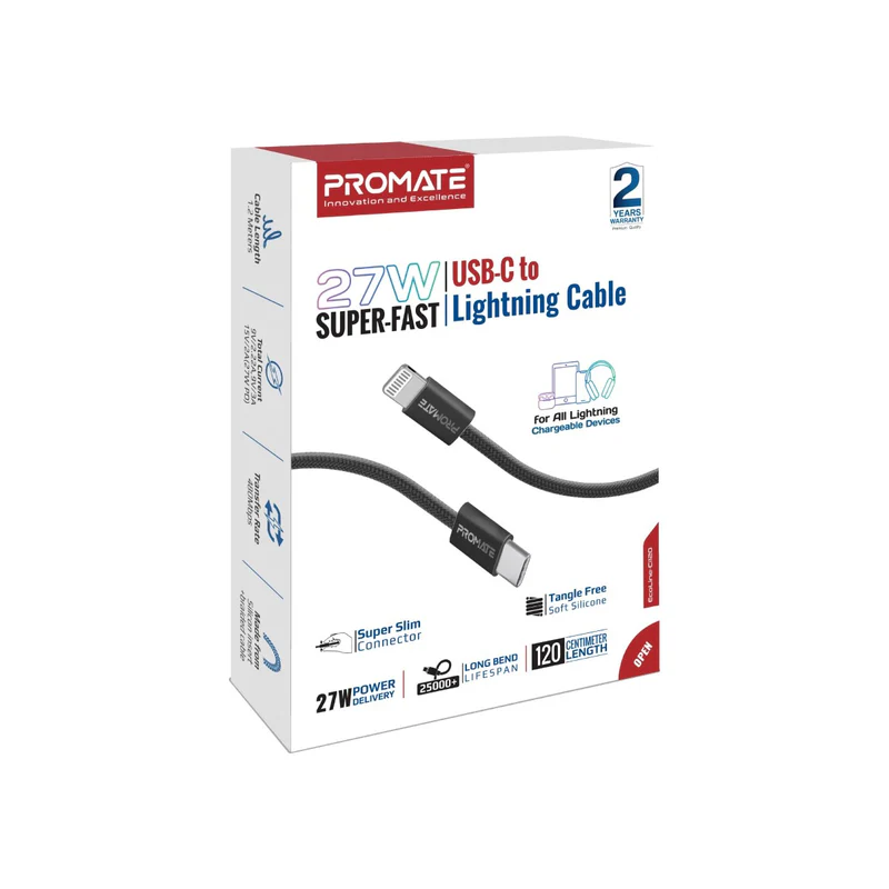 PROMATE EcoLine-Ci120  27W PD USB-C to Lightning Cable, 120cm length
