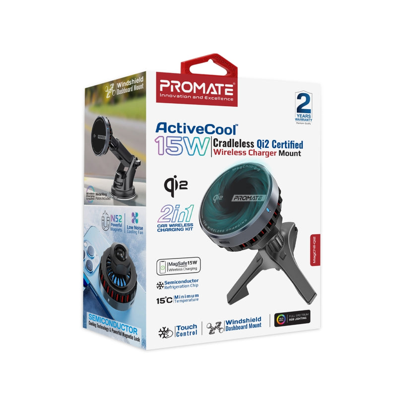 PROMATE MagChill-Qi2 15W Qi2 Certified Wireless Charging Car Mount with Phone Cooling Feature