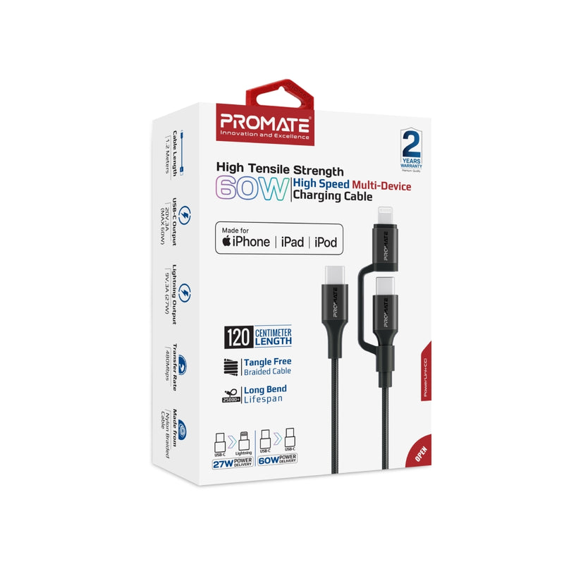 PROMATE PowerLink-CCi.White 2-in-1 MFi Certified USB-C to USB-C and Lightning cable