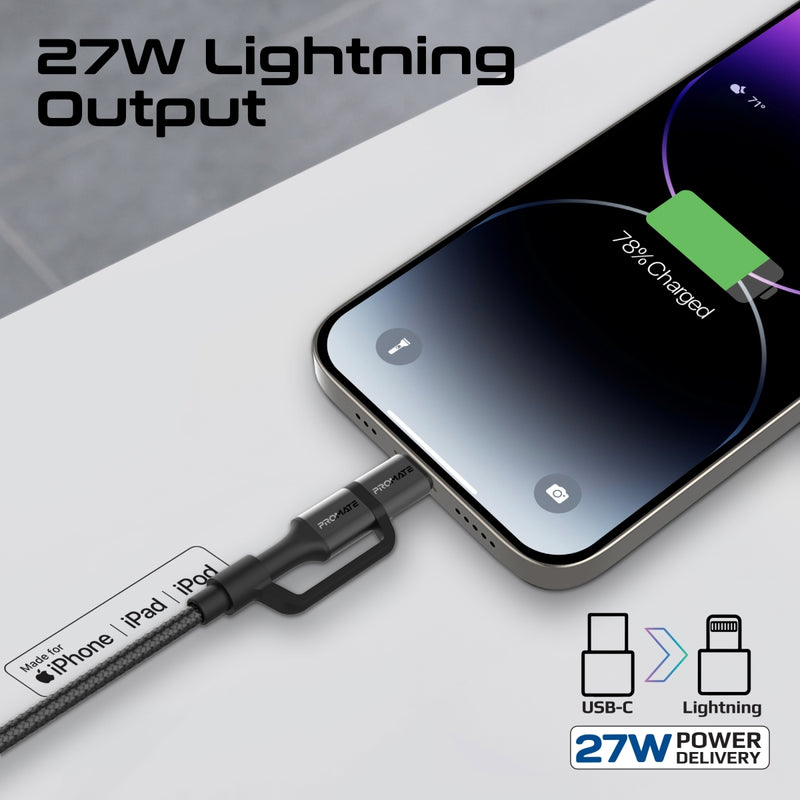 PROMATE PowerLink-CCi.White 2-in-1 MFi Certified USB-C to USB-C and Lightning cable