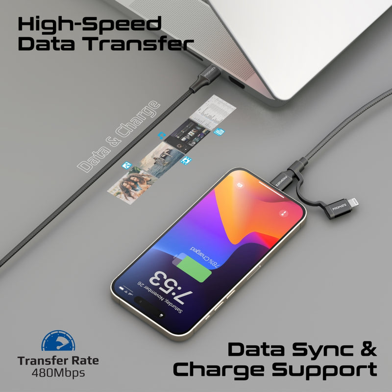 PROMATE PowerLink-CCi.White 2-in-1 MFi Certified USB-C to USB-C and Lightning cable