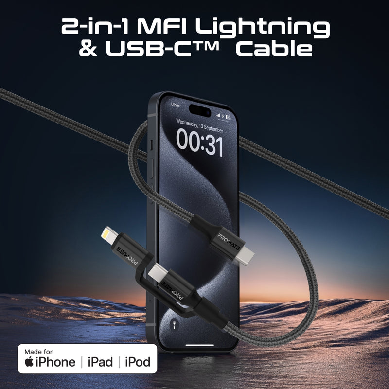 PROMATE PowerLink-CCi.White 2-in-1 MFi Certified USB-C to USB-C and Lightning cable