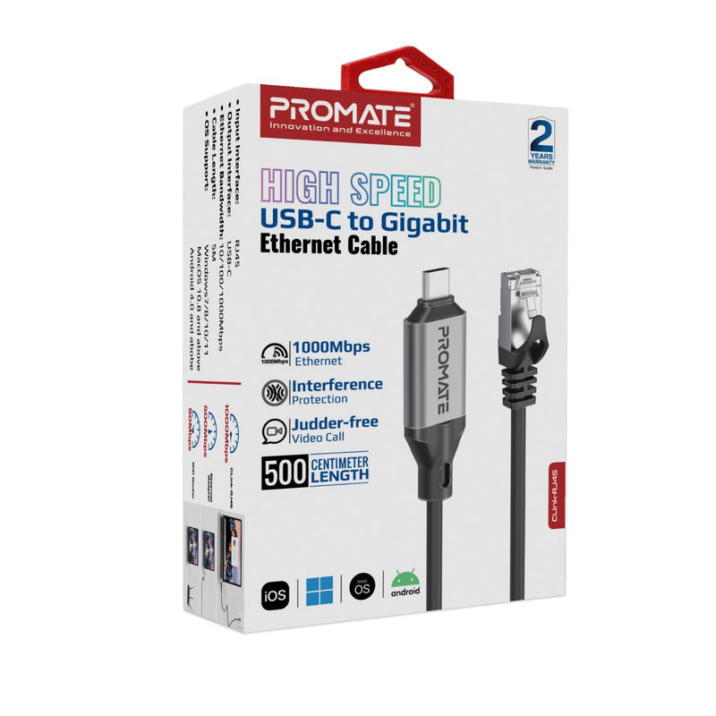 PROMATE CLink-RJ45 USB-C to RJ45 Ethernet Cable adapter, USB 3.2, 5 meters Length