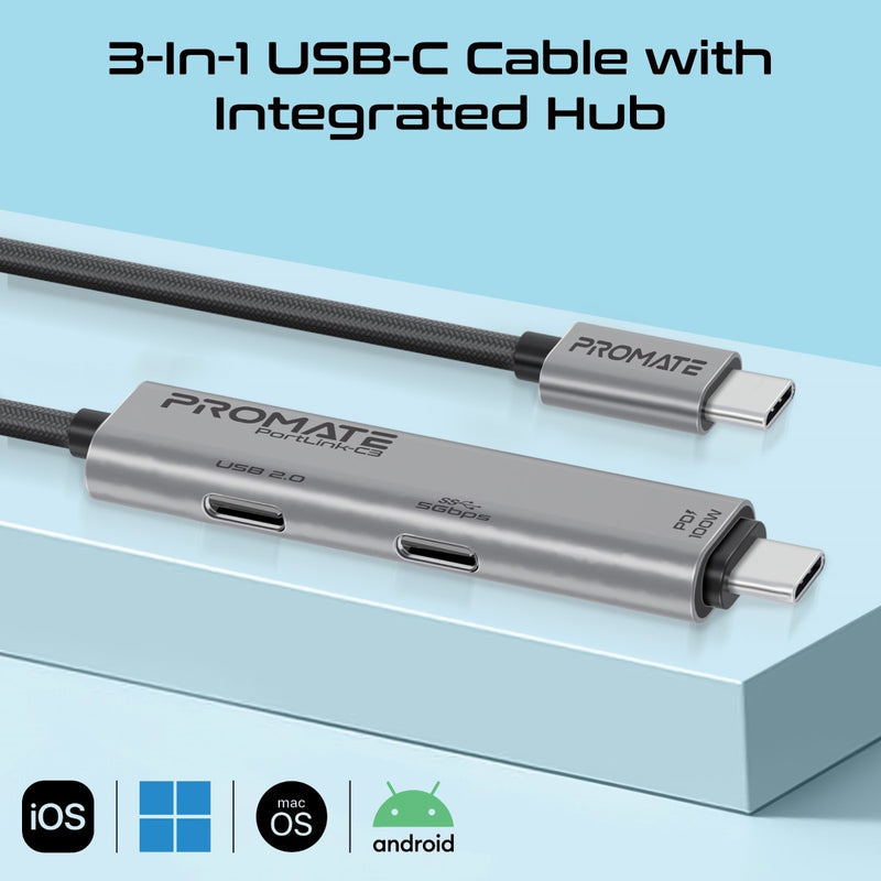 PROMATE PortLink-C3.Black 100W PD USB-C to USB-C Data and Charge Cable w/ 5Gbps