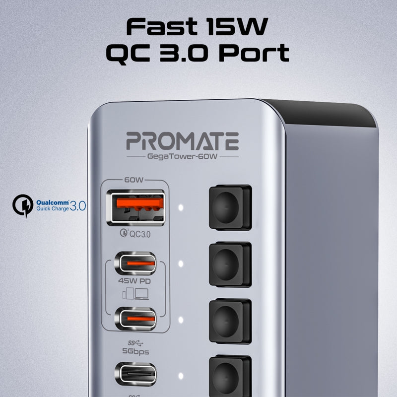 PROMATE GegaTower-60W.UK 10 Port 5Gbps USB-C Tower Hub, 4 x USB-A 5Gbps port
