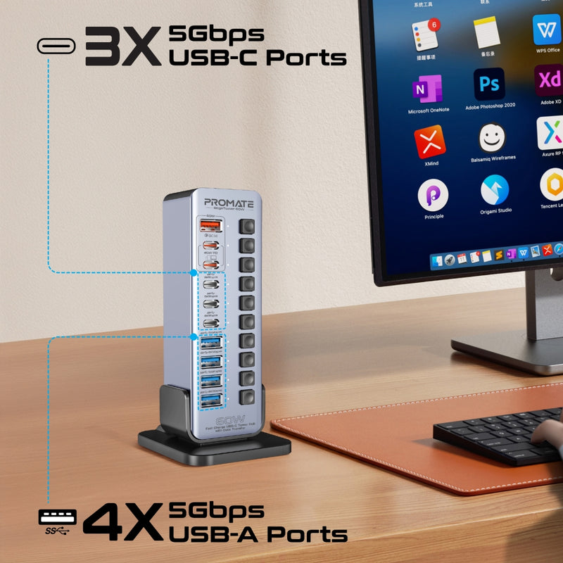 PROMATE GegaTower-60W.UK 10 Port 5Gbps USB-C Tower Hub, 4 x USB-A 5Gbps port