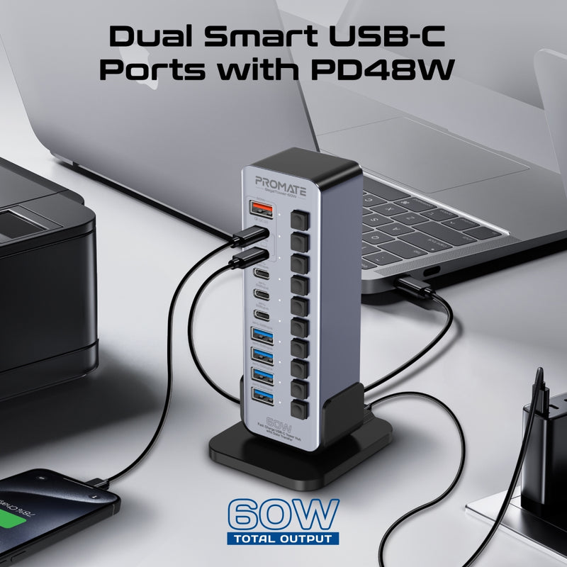 PROMATE GegaTower-60W.UK 10 Port 5Gbps USB-C Tower Hub, 4 x USB-A 5Gbps port