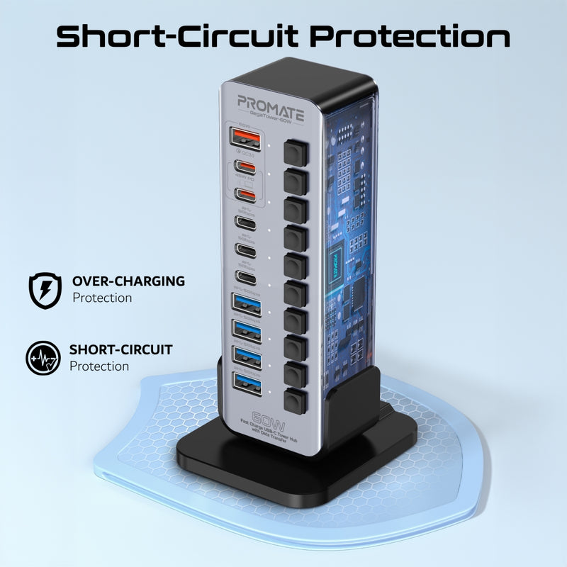 PROMATE GegaTower-60W.UK 10 Port 5Gbps USB-C Tower Hub, 4 x USB-A 5Gbps port