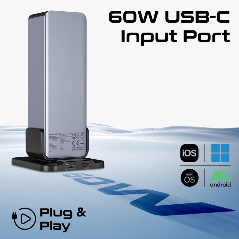 PROMATE GegaTower-60W.UK 10 Port 5Gbps USB-C Tower Hub, 4 x USB-A 5Gbps port