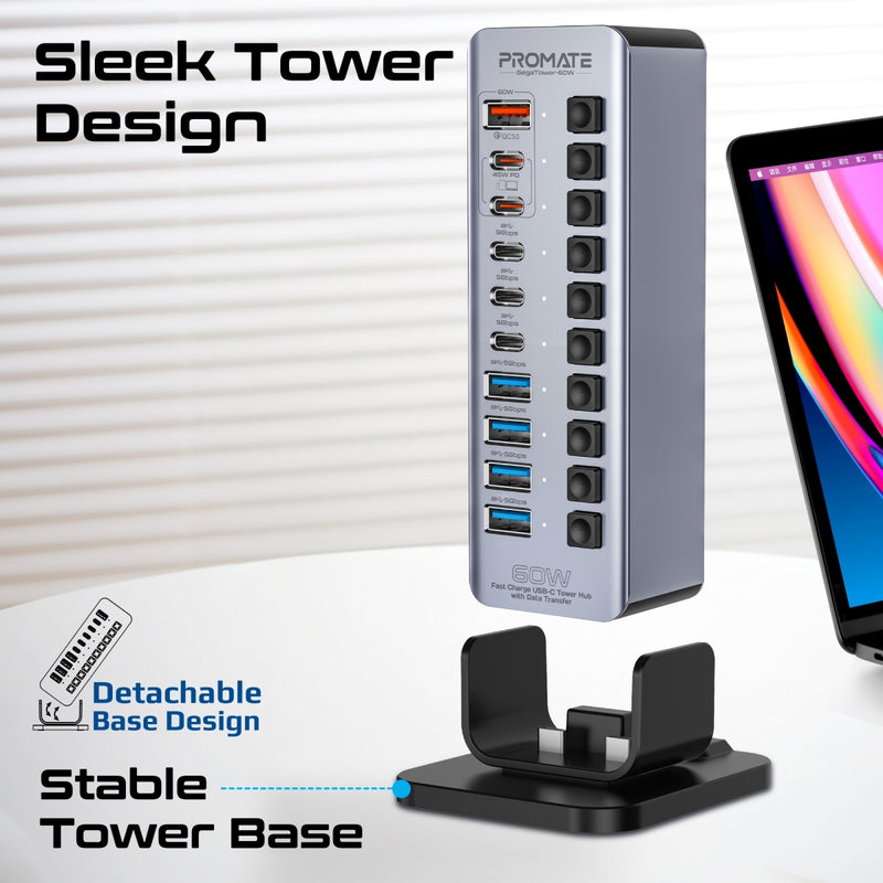 PROMATE GegaTower-60W.UK 10 Port 5Gbps USB-C Tower Hub, 4 x USB-A 5Gbps port