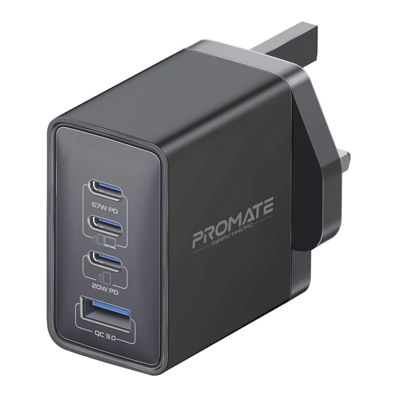 PROMATE GaNPort4-67PD.White.UK 67W PD GaNFast Charger with 2 x 67WPD USB-C, 1 x 20WPD