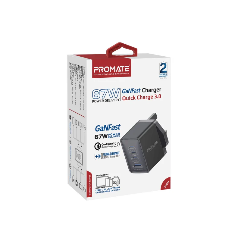 PROMATE GaNPort4-67PD.White.UK 67W PD GaNFast Charger with 2 x 67WPD USB-C, 1 x 20WPD