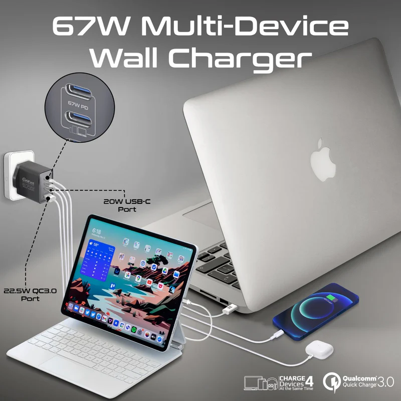PROMATE GaNPort4-67PD.White.UK 67W PD GaNFast Charger with 2 x 67WPD USB-C, 1 x 20WPD