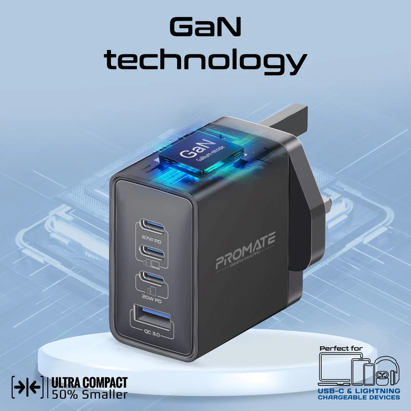 PROMATE GaNPort4-67PD.White.UK 67W PD GaNFast Charger with 2 x 67WPD USB-C, 1 x 20WPD