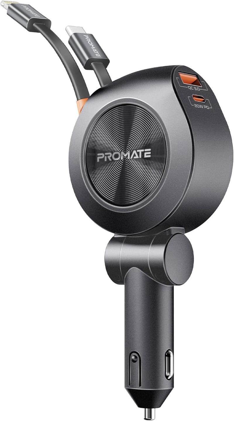 Promate 4-in-1 Car Charger with Built-In PD30W USB-C and PD20W Lightning Retractable Cables