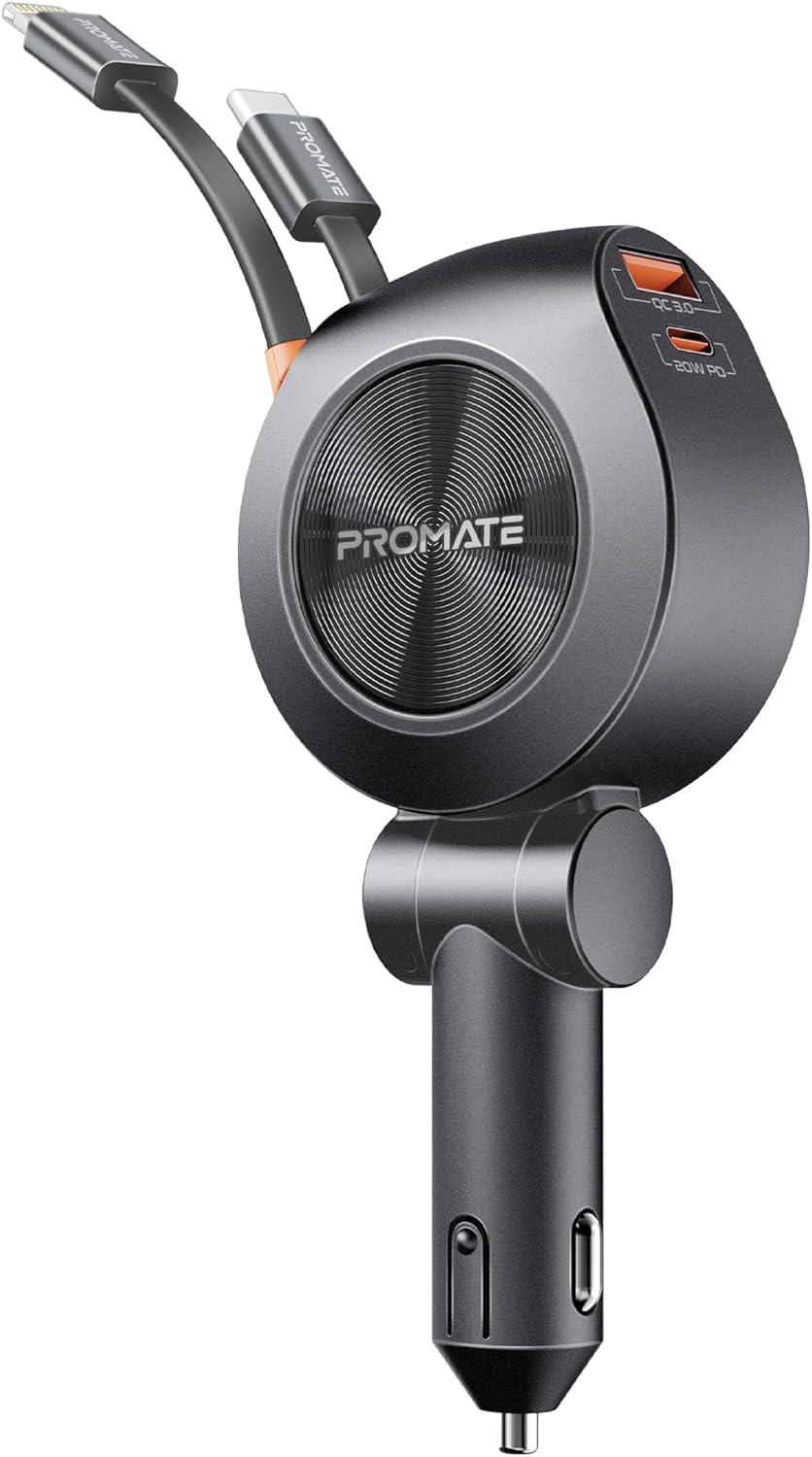 Promate 4-in-1 Car Charger with Built-In PD30W USB-C and PD20W Lightning Retractable Cables