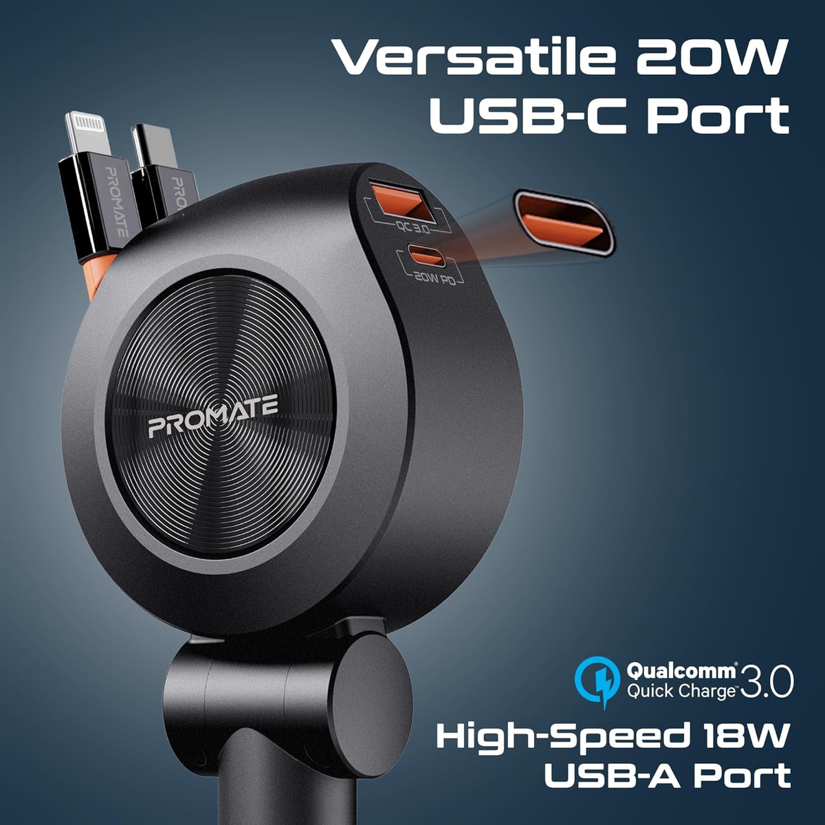 Promate 4-in-1 Car Charger with Built-In PD30W USB-C and PD20W Lightning Retractable Cables