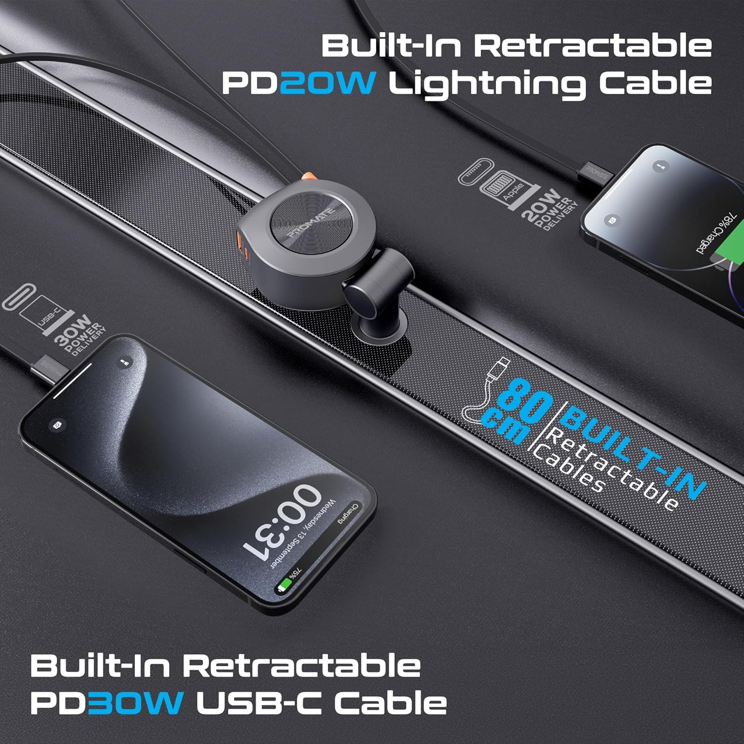 Promate 4-in-1 Car Charger with Built-In PD30W USB-C and PD20W Lightning Retractable Cables