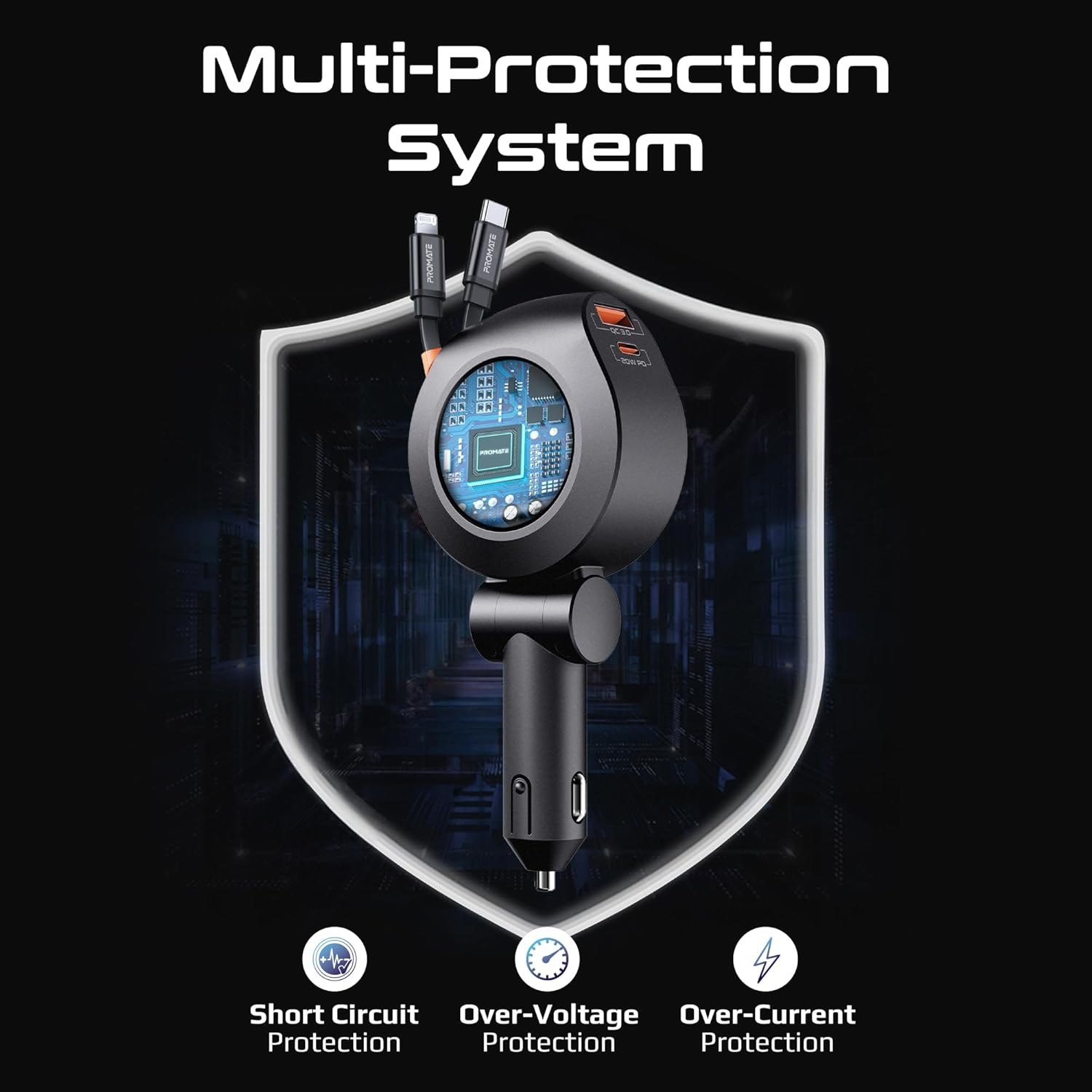 Promate 4-in-1 Car Charger with Built-In PD30W USB-C and PD20W Lightning Retractable Cables