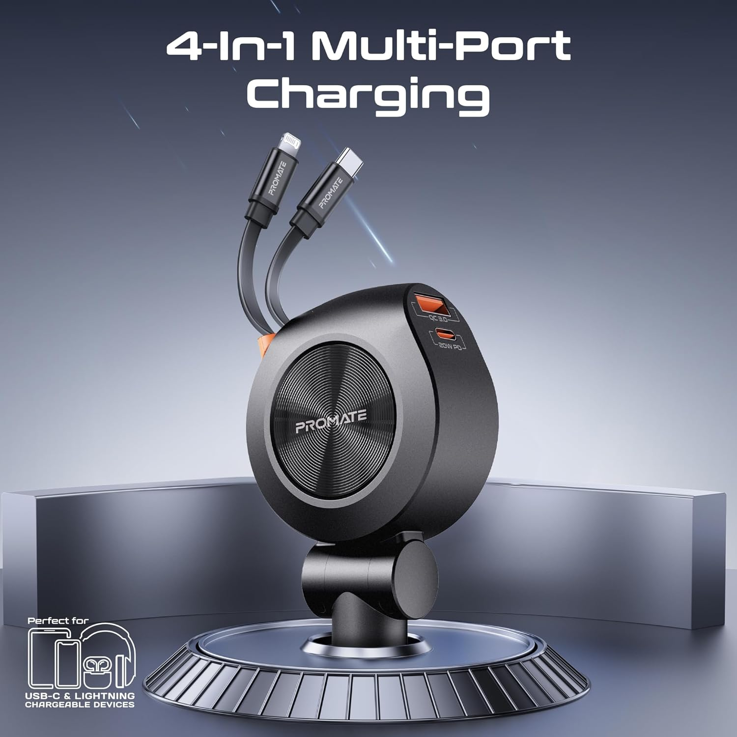 Promate 4-in-1 Car Charger with Built-In PD30W USB-C and PD20W Lightning Retractable Cables