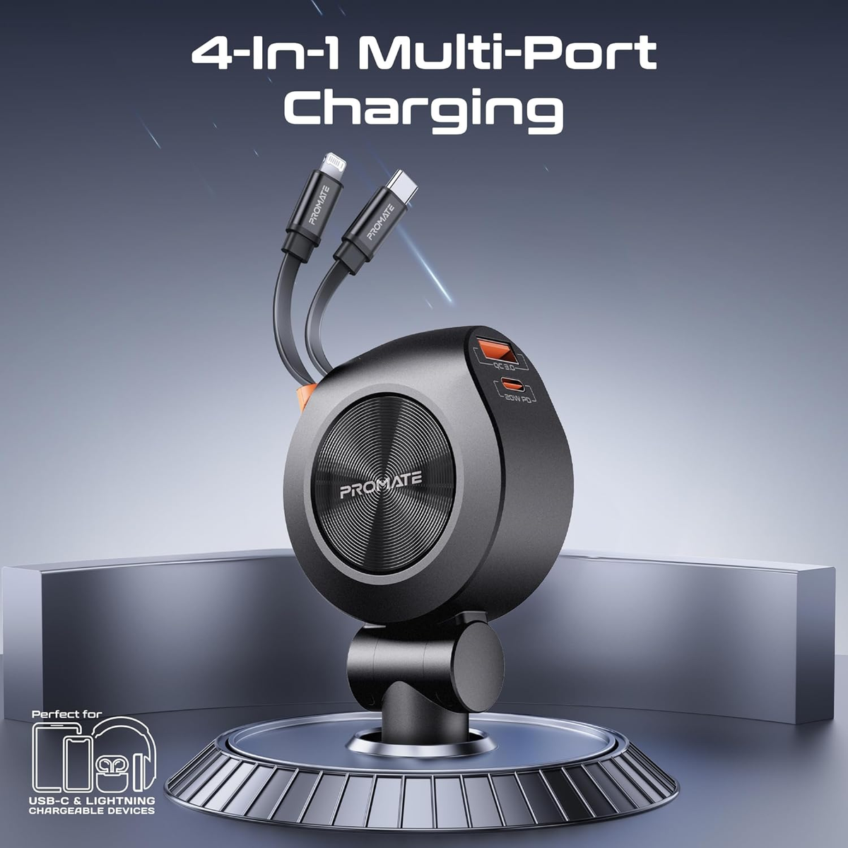Promate 4-in-1 Car Charger with Built-In PD30W USB-C and PD20W Lightning Retractable Cables