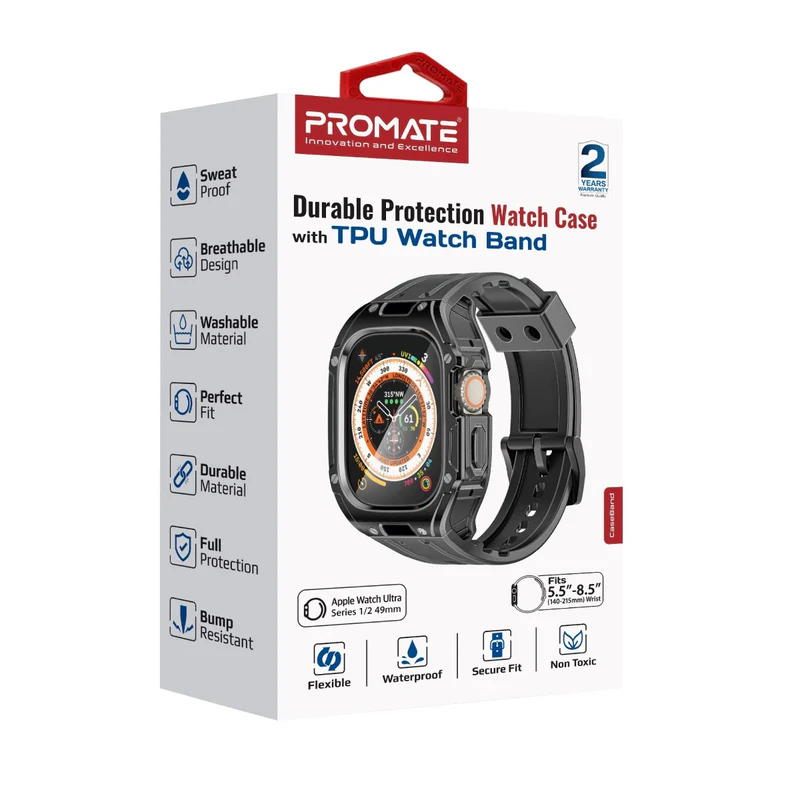 PROMATE CaseBand.Black Silicon Apple Watch Case and Strap for Apple Watch Ultra