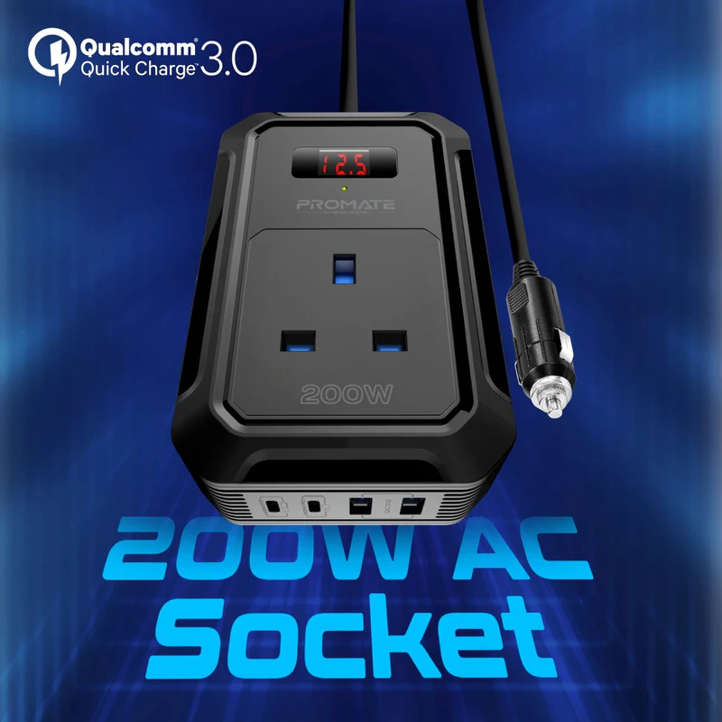 PROMATE Inverto-200W 200W AC Socket Car Power Strip w/ 65W USB-C, 30W USB-C