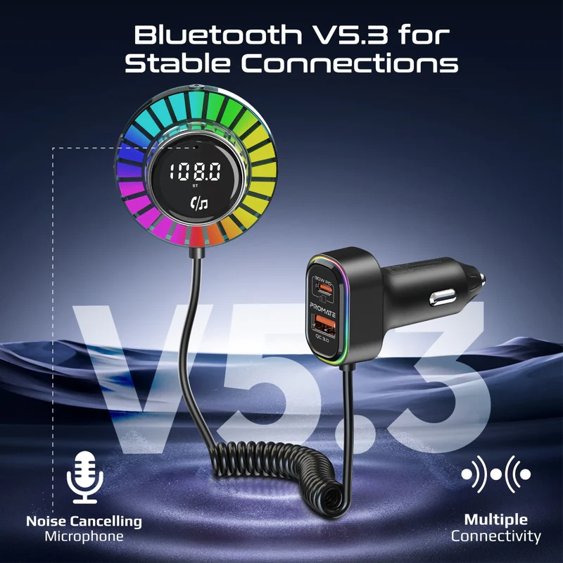 PROMATE SmarTune-EXT Bluetooth V5.3 Car FM Transmitter With 1.5m built-in Controller
