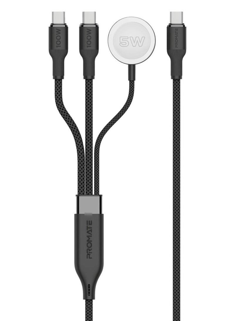PROMATE Fusion-CCW. 3-in-1 USB-C to 100W PD USB-C, 27W USB-C & 5W Apple Watch Charger cable