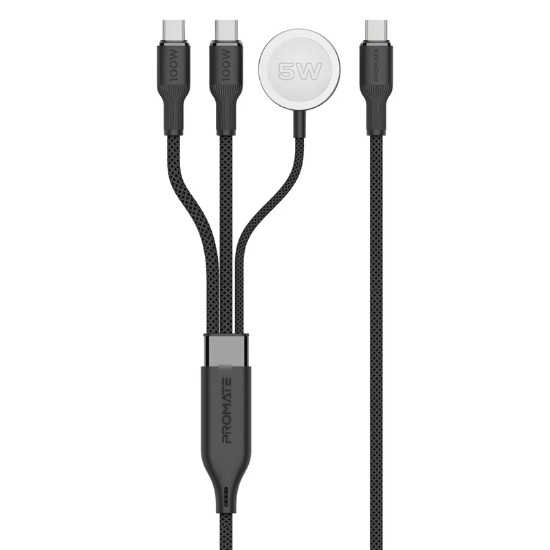 PROMATE Fusion-CCW. 3-in-1 USB-C to 100W PD USB-C, 27W USB-C & 5W Apple Watch Charger cable