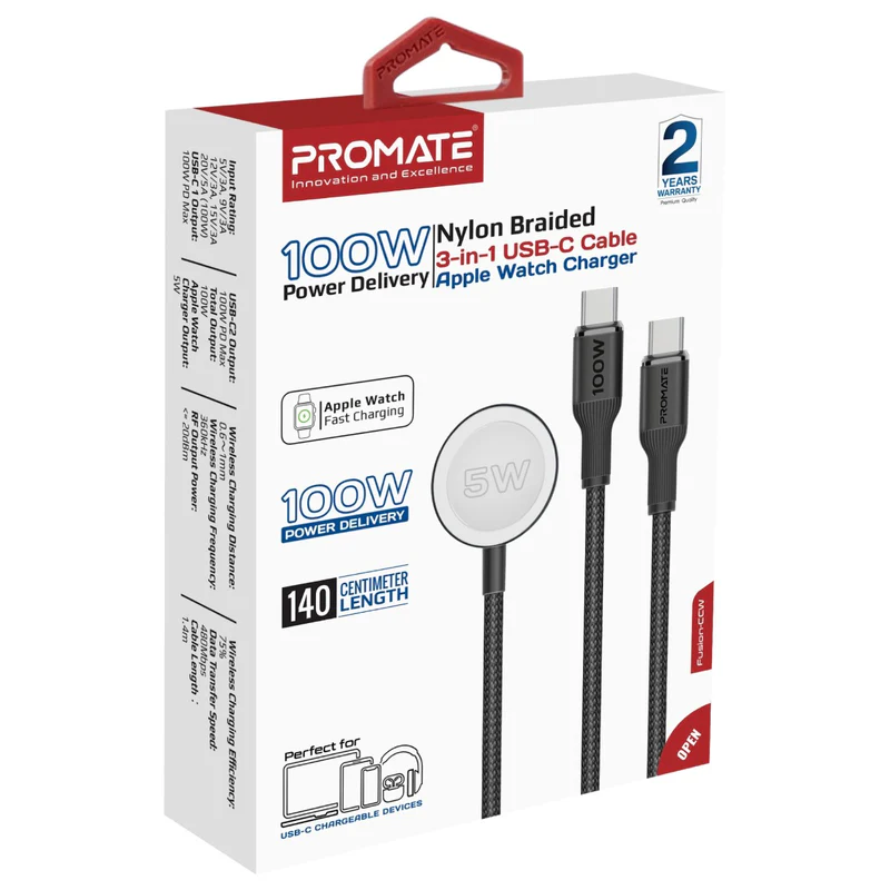 PROMATE Fusion-CCW. 3-in-1 USB-C to 100W PD USB-C, 27W USB-C & 5W Apple Watch Charger cable