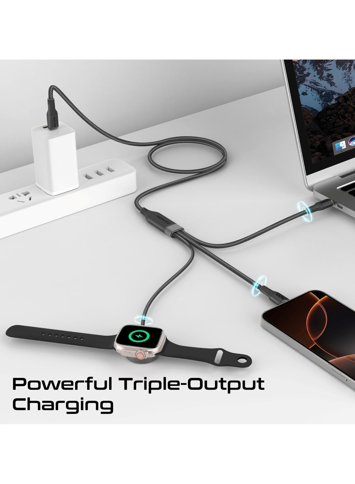 PROMATE Fusion-CCW. 3-in-1 USB-C to 100W PD USB-C, 27W USB-C & 5W Apple Watch Charger cable